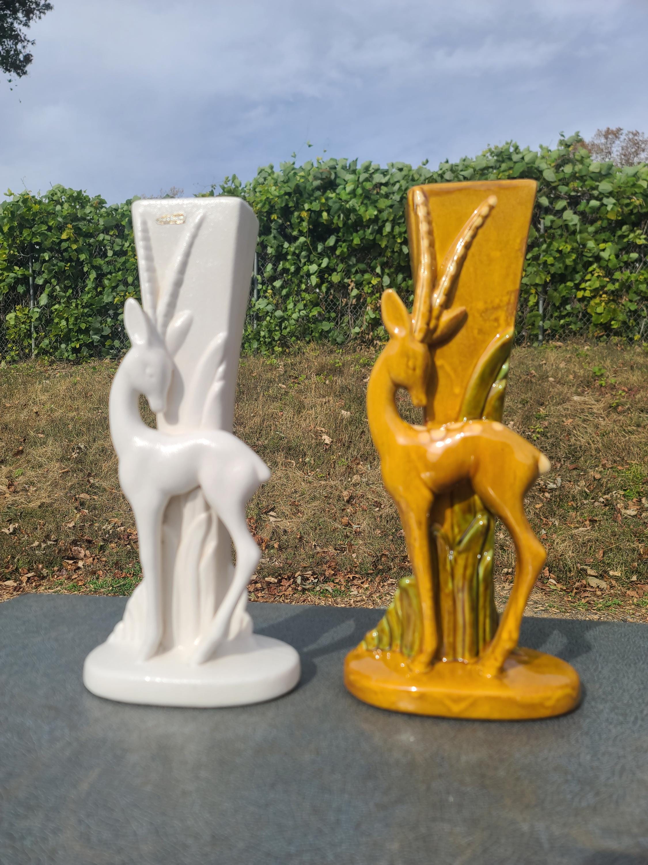 Vintage Royal Haeger Pottery Gazelle, Standing Gazelle in White Matte, and Mustard Yellow Glaze, Royal Haeger Standing Gazelle Vase