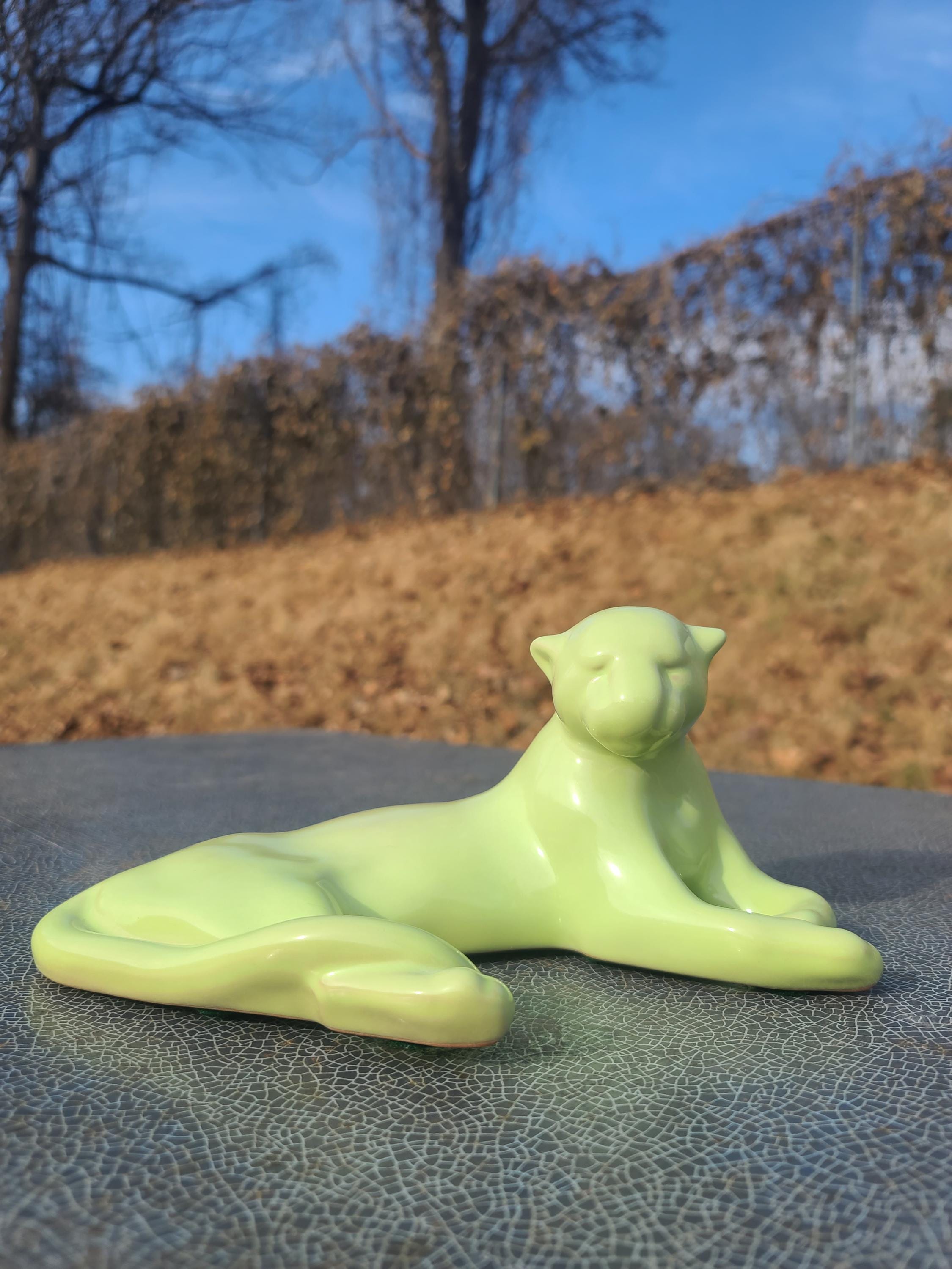 Vintage Frankoma Reclining Puma, Mint Green Panther Frankoma 116