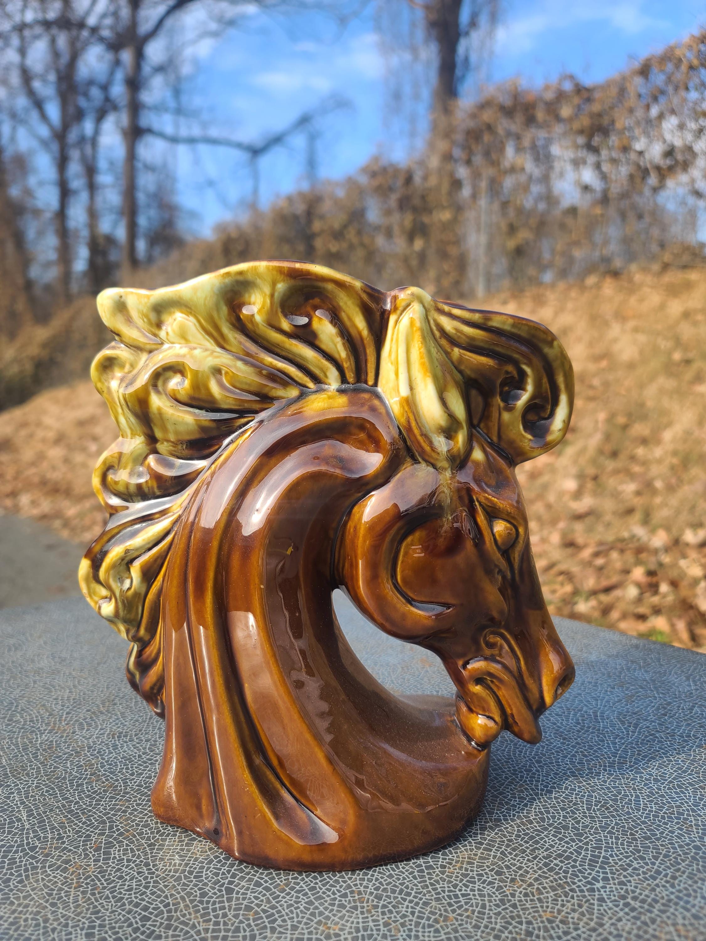 Vintage Horse Head Planter, Moderamics 2153 Brown and Golden Horse Head Vase