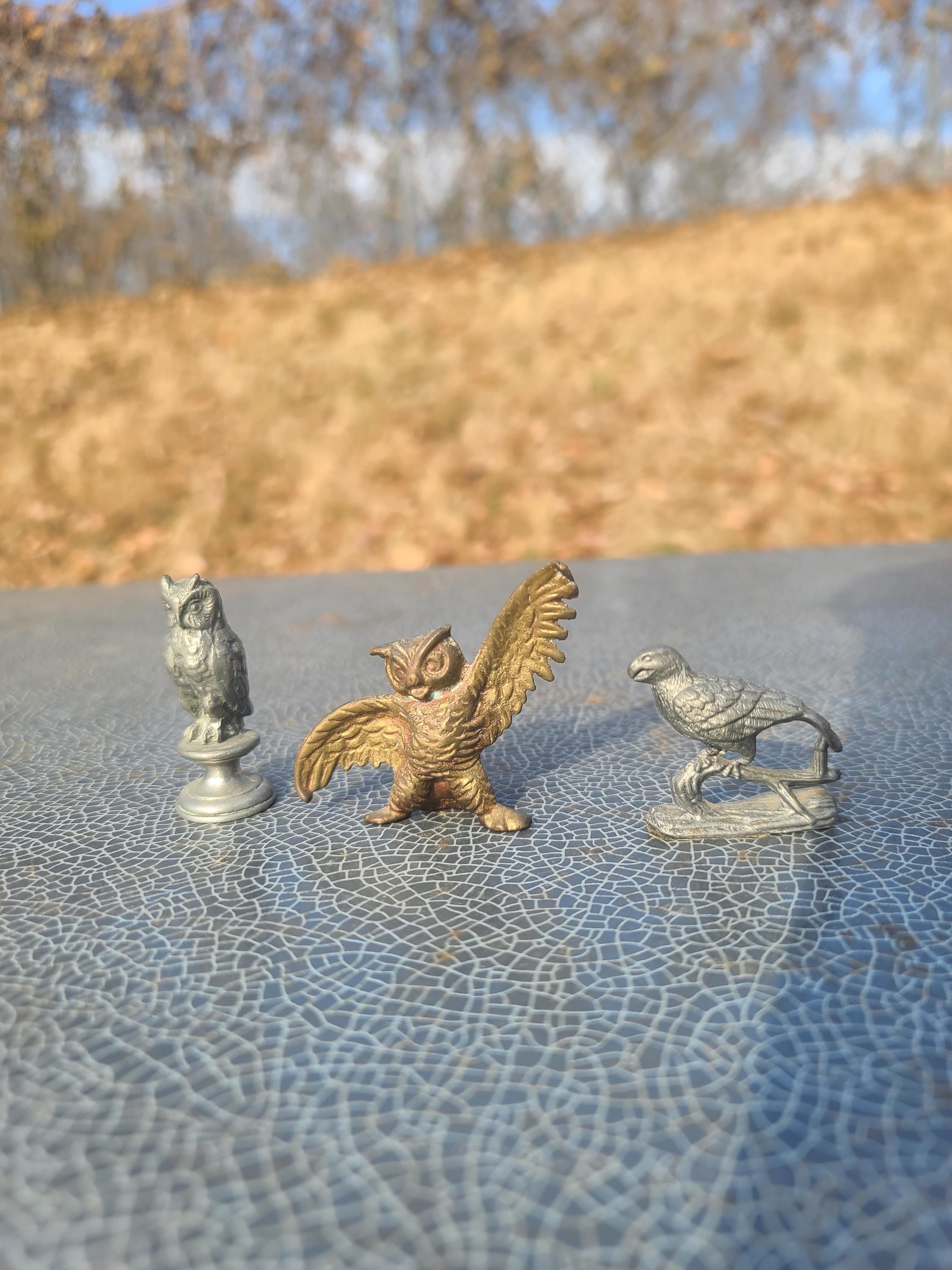 Vintage Brass Owl Figure, Vintage Pewter Owl and Hawk Figurine