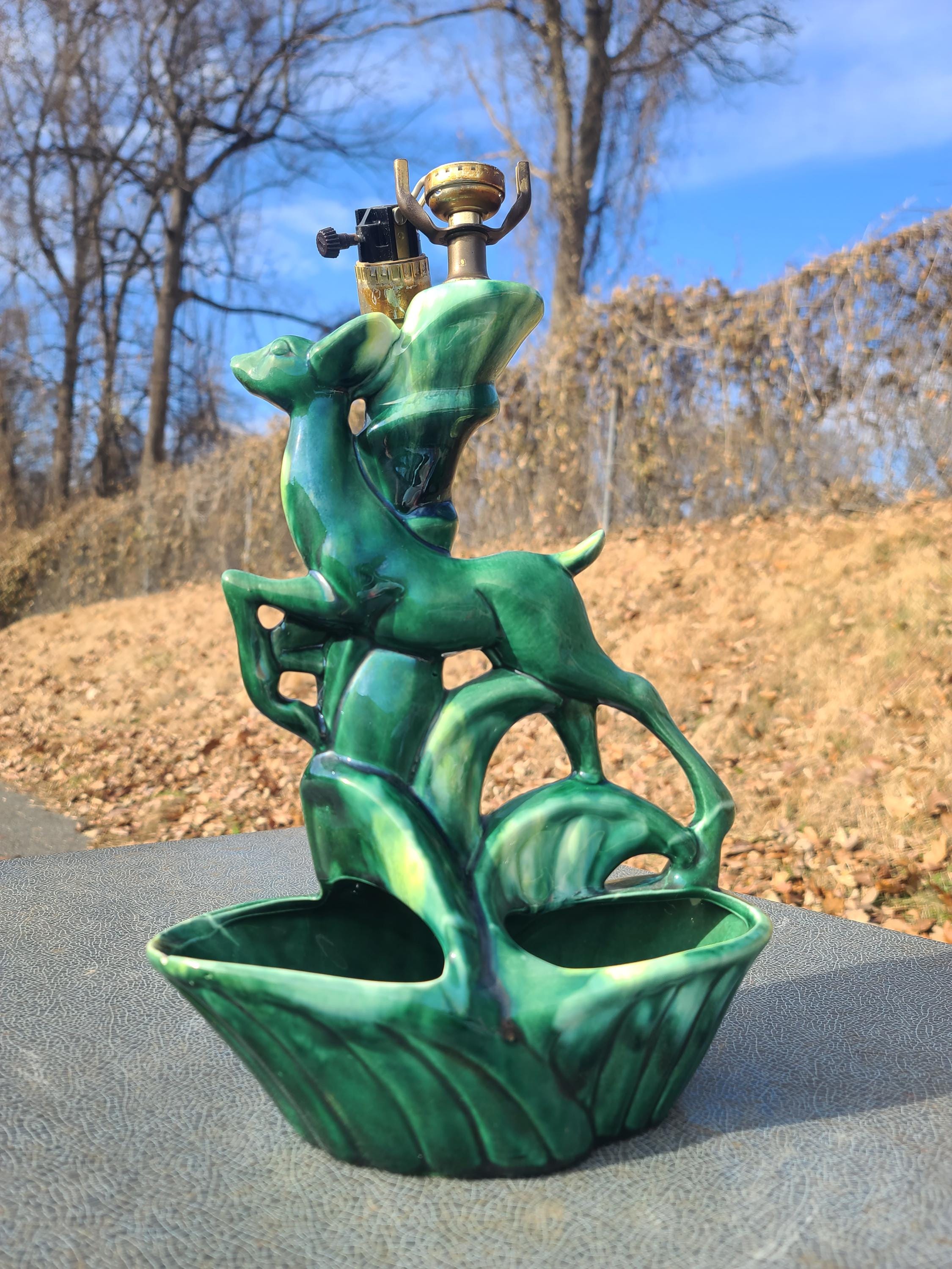 Vintage Royal Haeger Leaping Deer Table Lamp, Green Deer 1950s Lamp