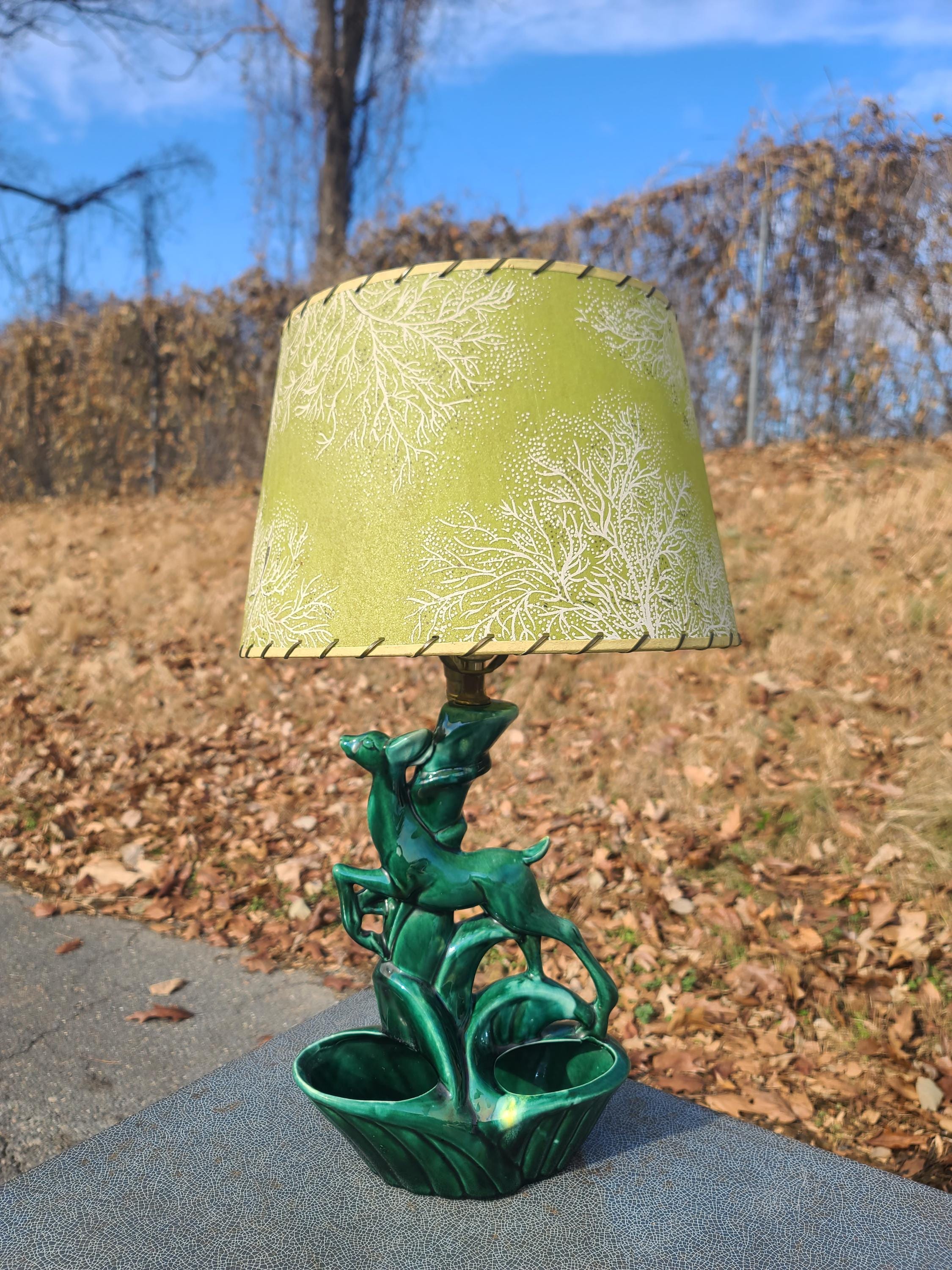 Vintage Royal Haeger Leaping Deer Table Lamp w/ Light Green Lampshade