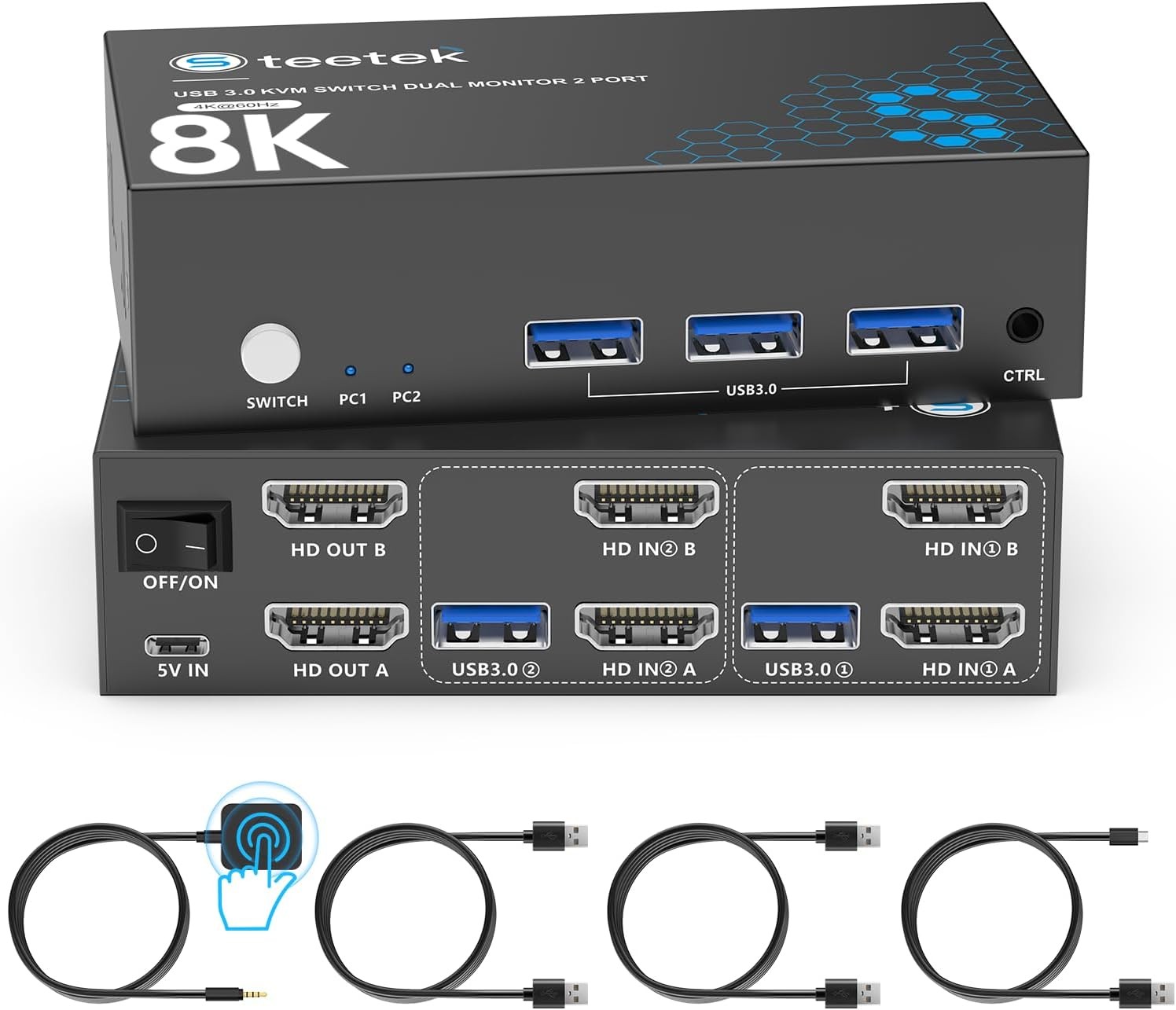 8K HDMI KVM Switch 2 Monitors 2 Computers, 8K@60Hz Dual KVM Switch for 2